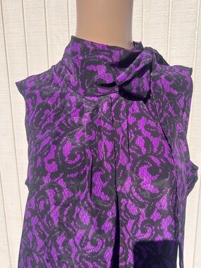 New York & Company Black and Purple Printed Bow-Neck Blouse